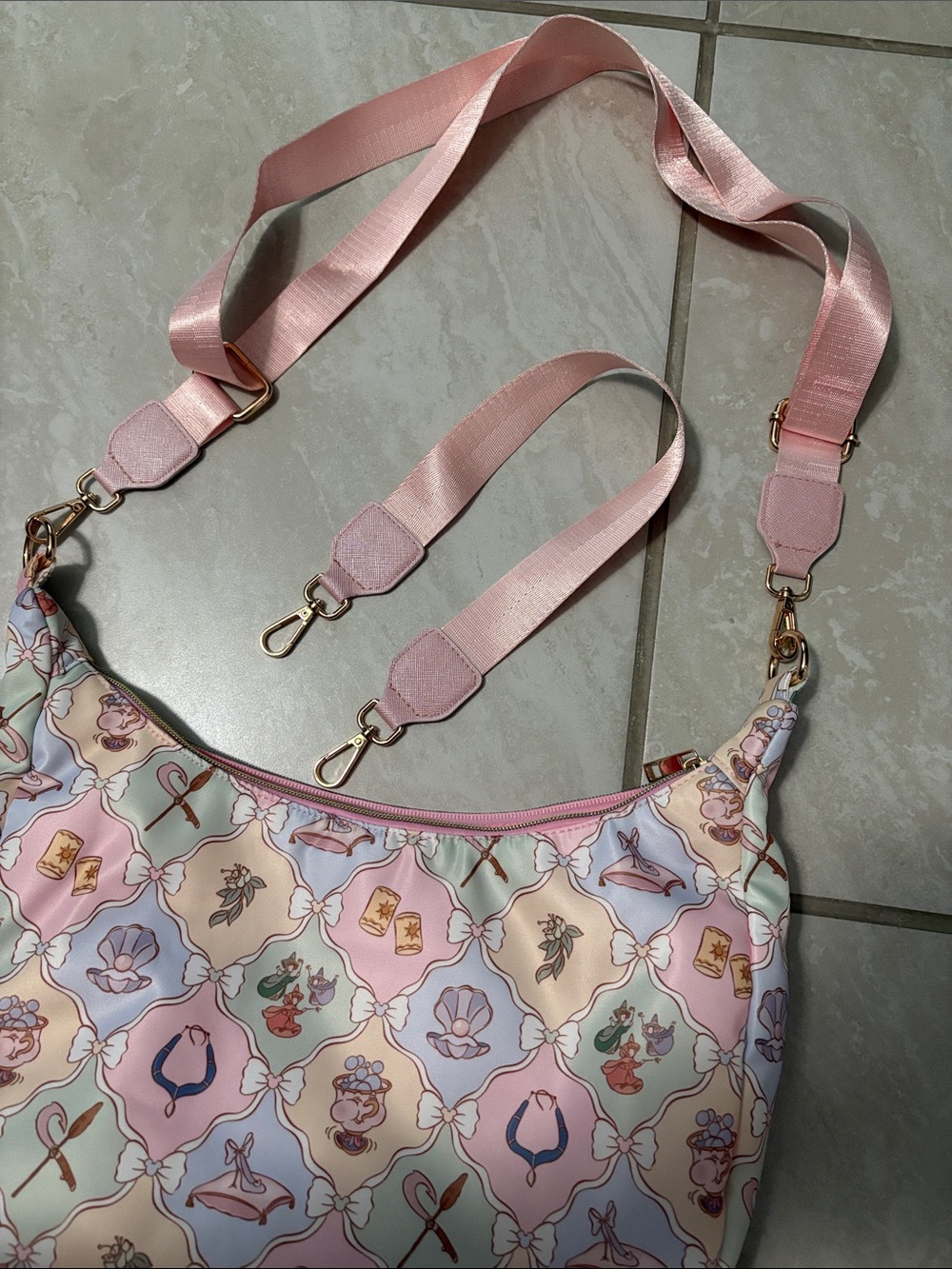Pastel Pink Patterned Shoulder Bag with Removable Straps - Picture 7 of 8